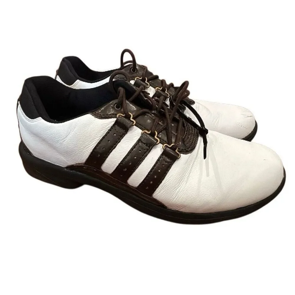 adidas Adipure Men's Golf Shoes Leather Spiked Lace Up White Brown Black size 9